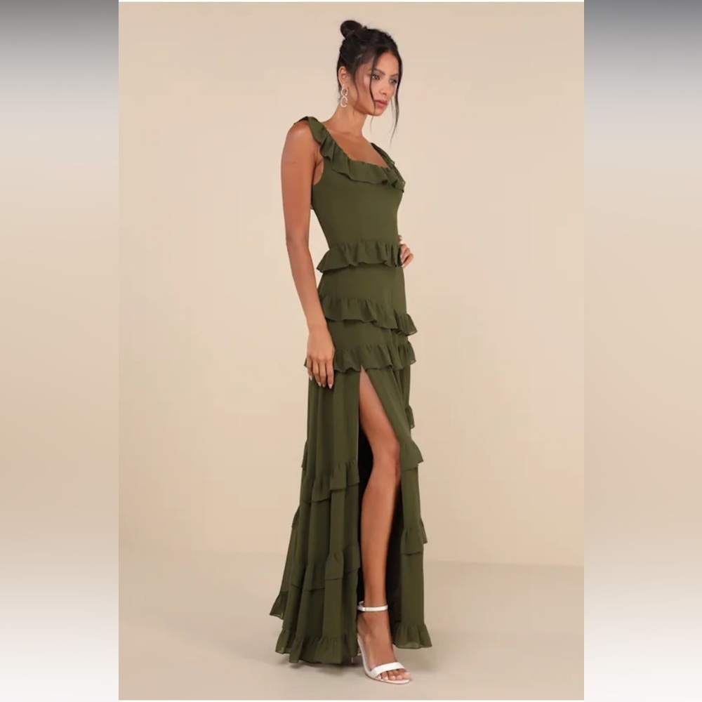Lulus Compelling Romantic Olive Green Ruffled Tiered Maxi Dress - Size 2X - Picture 3 of 5